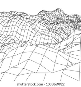 Wireframe terrain vector background. Cyberspace landscape grid technology illustration