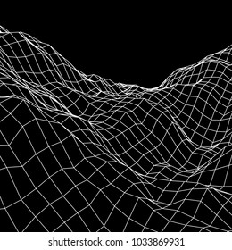 Wireframe terrain vector background. Cyberspace landscape grid technology illustration