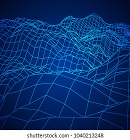 Wireframe terrain vector background. Cyberspace landscape grid technology illustration