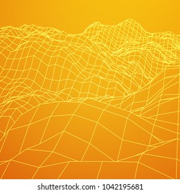 Wireframe terrain vector background. Cyberspace landscape grid technology illustration