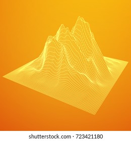Wireframe terrain vector background. Cyberspace landscape grid technology illustration