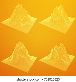 Wireframe terrain vector background set. Cyberspace landscape grid technology illustration