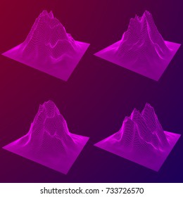 Wireframe terrain vector background set. Cyberspace landscape grid technology illustration