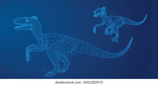 wireframe three dimensional models of velociraptors dinosaur on gradiant blue background