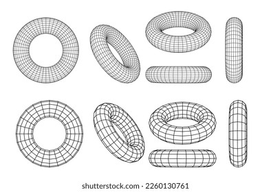 Wireframe torus with different structure of the grid frame. Abstract 3d grid design. Technology style.