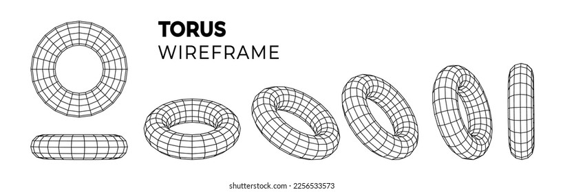 Wireframe torus grid with different structure of mesh frame isolated. Abstract grid in different positions.