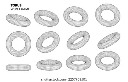 Wireframe torus grid set. Abstract geometric shape with torus. 3D polygonal wireframe of circular object.