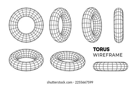 Wireframe torus set. 3d geometric forms. Outline isolated model. Vector isometric shapes