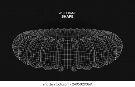 Wireframe torus shape. Futuristic 3D hud element. Geometric grid. Vector illustration.