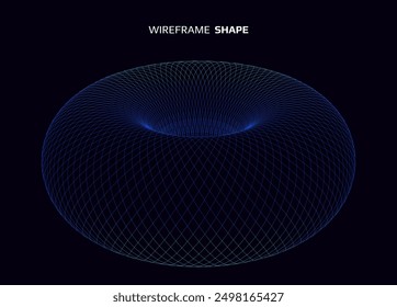 Wireframe torus shape. Futuristic 3D hud element. Geometric grid. Vector illustration.