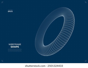 Wireframe torus shape. Futuristic 3D hud element. Geometric grid. Vector illustration.