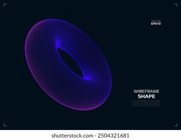 Wireframe torus shape. Futuristic 3D hud element. Geometric grid. Vector illustration.