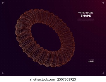 Wireframe torus shape. Futuristic 3D hud element. Geometric grid. Vector illustration.