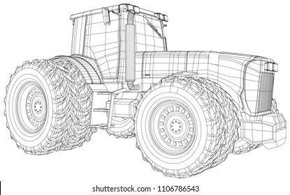 Wire-frame tractor isolated on white background. Tracing illustration of 3d.