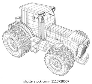 Wire-frame tractor isolated on white background. Tracing illustration of 3d.