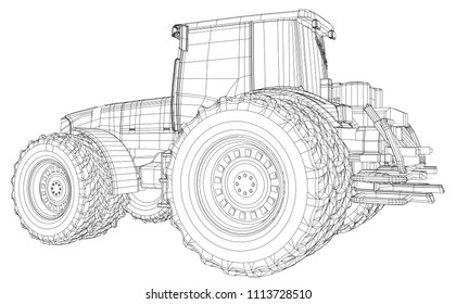 Wire-frame tractor isolated on white background. Tracing illustration of 3d.