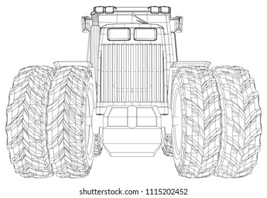 Wire-frame tractor isolated on white background. Tracing illustration of 3d.
