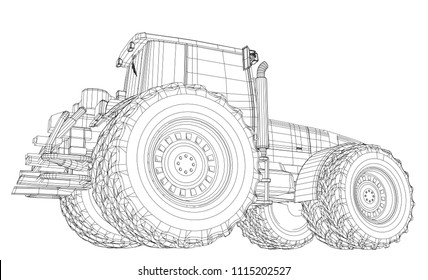 Wire-frame tractor isolated on white background. Tracing illustration of 3d.