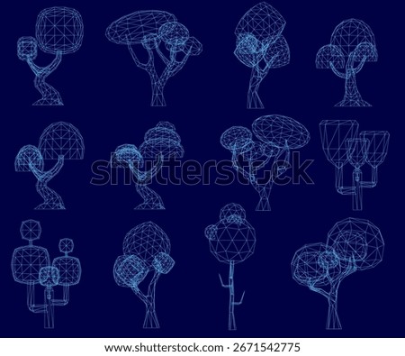 Wireframe trees arranged symmetrically on a blue background, each with unique shapes and textures. The stark contrast between white trees and blue backdrop creates a striking visual effect.