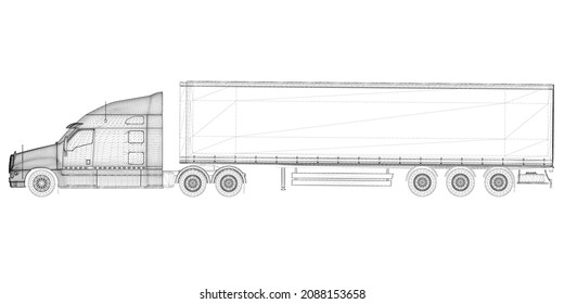 Wireframe of a truck with a wagon from black lines isolated on a white background. Side view. 3D. Vector illustration