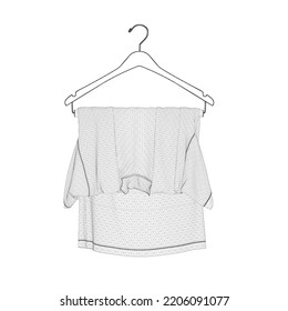 Malla de una camiseta colgada en una percha de las líneas negras aisladas en un fondo blanco. Vista frontal. 3 D. Ilustración vectorial.