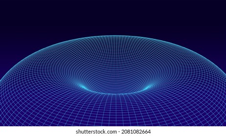Wireframe tunnel 3d. Black hole. Tunnel or wormhole. Vector illustration. Abstract 3d green wireframe landscape.