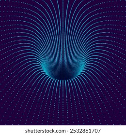 Wireframe tunnel with particles. 3D grid background. Abstract wormhole of dots. Vector illustration.