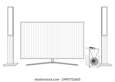 Wireframe TV home theater con diseño de altavoces de sonido. Altavoces y televisión, icono de televisor en glifo plano negro, estilo de contorno aislado sobre fondo blanco. 3D