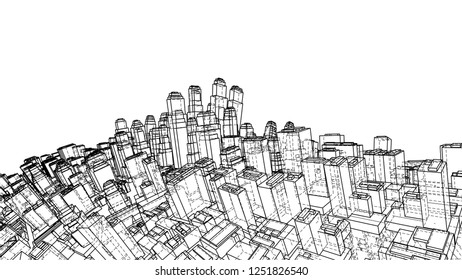 Wire-frame Twisted City, Blueprint Style. 3D Rendering Vector Illustration. Architecture Design Background