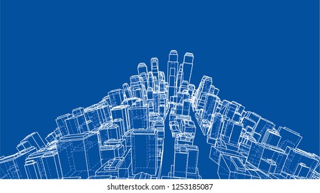 Wire-frame Twisted City, Blueprint Style. 3D Rendering Vector Illustration. Architecture Design Background