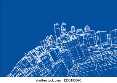 Wire-frame Twisted City, Blueprint Style. 3D Rendering Vector Illustration. Architecture Design Background