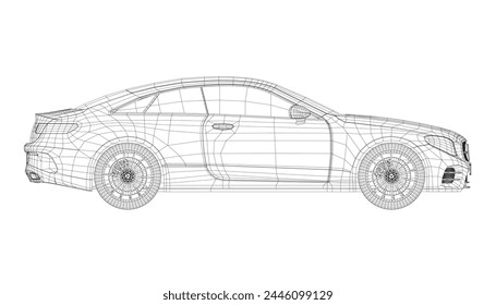 Wireframe of a two door modern car made of black lines isolated on a white background. Side view. Vector illustration. 3D. Side view