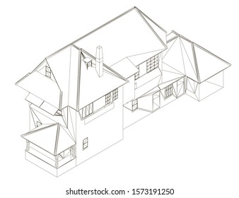 Wireframe two-story cottage. House outline isolated on white background. View isometric. 3D. Vector illustration