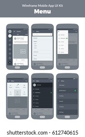 Wireframe UI kit for mobile phone. Mobile App. Menu screens