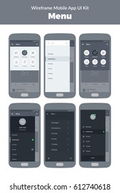 Wireframe UI kit for mobile phone. Mobile App. Menu screens