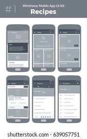 Wireframe UI kit for mobile phone. Mobile App Cooking. Recipes, categories, profile, buy products, video, directions screens