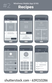 Wireframe UI kit for mobile phone. Mobile App Cooking. Recipes, categories, profile, buy products, video, directions screens