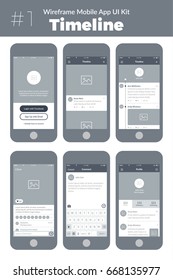 Wireframe UI kit for mobile phone. Mobile App Timeline. Feed, post, comment, sign up, profile and menu screens
