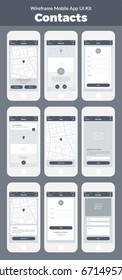 Wireframe UI Kit For Mobile Phone. Mobile App Contacts. Form, About Us, Message, Map, Address And Subscribe Screens