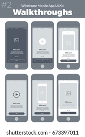 Wireframe UI kit for mobile phone. Mobile App Walkthroughs screens