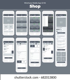 Wireframe UI kit for mobile phone. Mobile App Shop; Category, product, cart, delivery, shipping, and payment screens