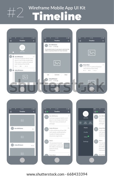 携帯電話用のワイヤフレームuiキット モバイルアプリのタイムライン フィード 投稿 およびメニュー画面 のベクター画像素材 ロイヤリティフリー