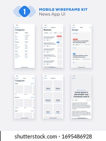 Wireframe UI Kit For Smartphone. Mobile App UX Design. New OS News, Categories, Articles Screens.