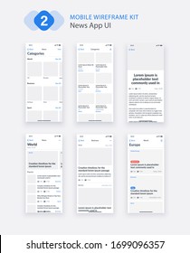 Wireframe UI kit for smartphone. Mobile App UX design. New OS news, categories, articles screens.