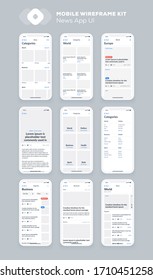 Wireframe UI Kit For Smartphone. Mobile App UX Design. New OS News, Categories, Articles Screens.