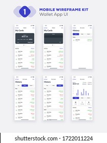 Wireframe UI kit for smartphone. Mobile App UX design. New OS wallet, credit cards, finances, history and statistics screens.