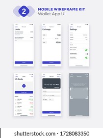 Wireframe UI kit for smartphone. Mobile App UX design. New OS wallet, credit card, finances, currency exchange, add new card, scaning, limits and settings screens.