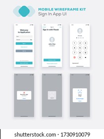 Wireframe UI kit for smartphone. Mobile App UX design. New OS sign in, enter, form, input fields, social, numeric keypad, numbers, security screens.