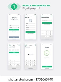 Wireframe UI kit for smartphone. Mobile App UX design. New OS sign up: registration form, input fields, phone number, numeric keypad, security code, passcode and success screens.