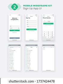 Wireframe UI kit for smartphone. Mobile App UX design. New OS sign up: registration form, input fields, phone number, numeric keypad, and country screens.